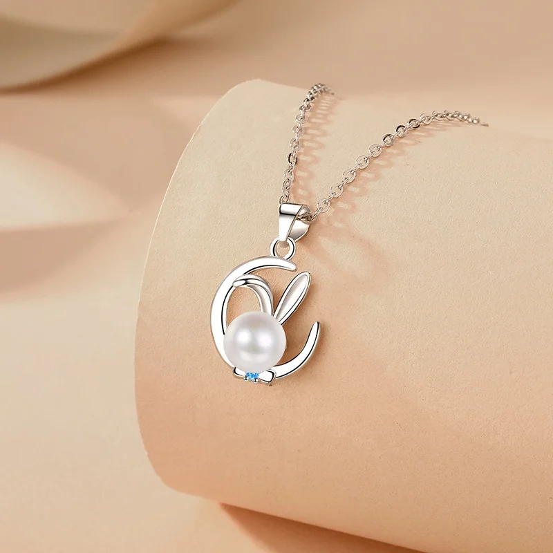 S925 sterling silver pearl moon rabbit necklace female ins zodiac rabbit light luxury niche design temperament collarbone chain