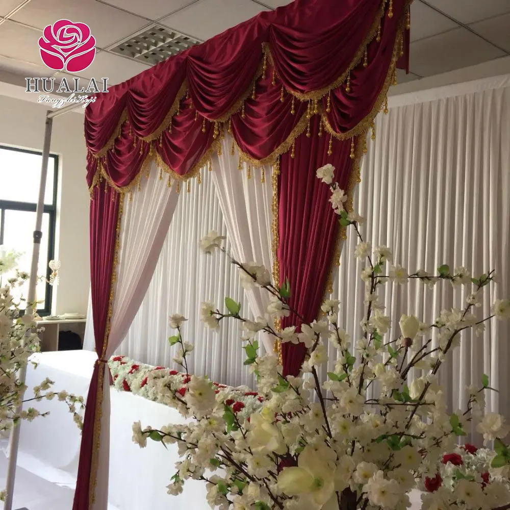 beatiful wonderful fancy wine red white tassels ice silk curtain drapes backdrop for wedding stage birthday party decoration