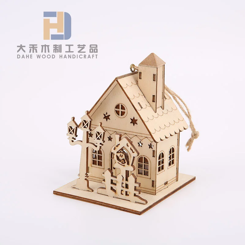 Christmas Atmosphere Laser Engraved Unfinished Wooden Miniature Houses with LED Light for DIY Crafts Xmas Decoration