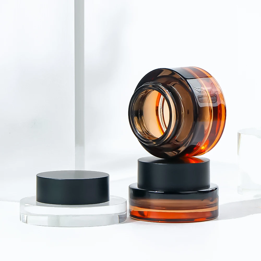 30g 50g Amber Glass Cream Jars with Black Bamboo Tops Brown Glass Bottles with Plastic Bamboo lid