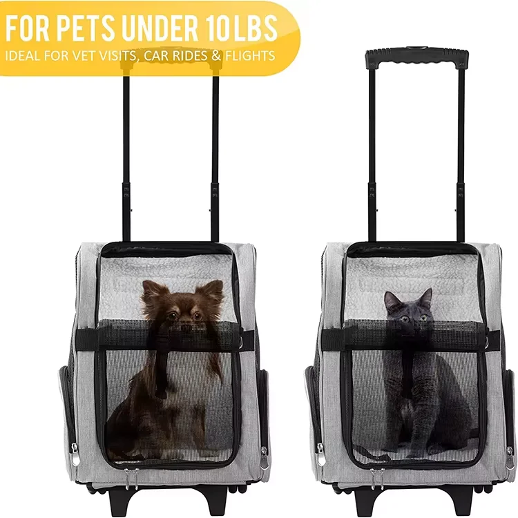 Multi-Function Breathable Mesh Polyester Gray Pet Stroller Bag With Wheels Approved by Airlines