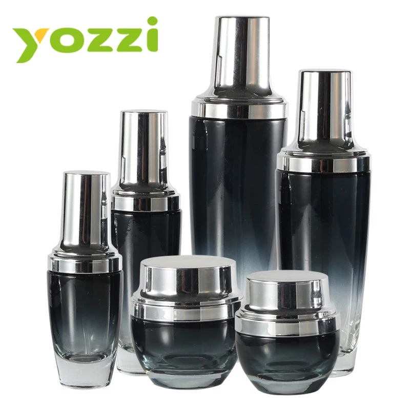 Customize Black Gradient Pump Head Cosmetics Cream Glass Bottles And Jars, Skincare Bottle Set