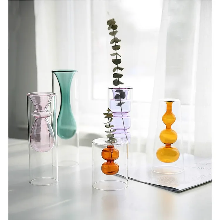 Nordic Style Hand Blown Pink Amber Blue Funnel Shaped  Glass Flower Vase for Dried and Fresh Flower Arrangement Home Decor
