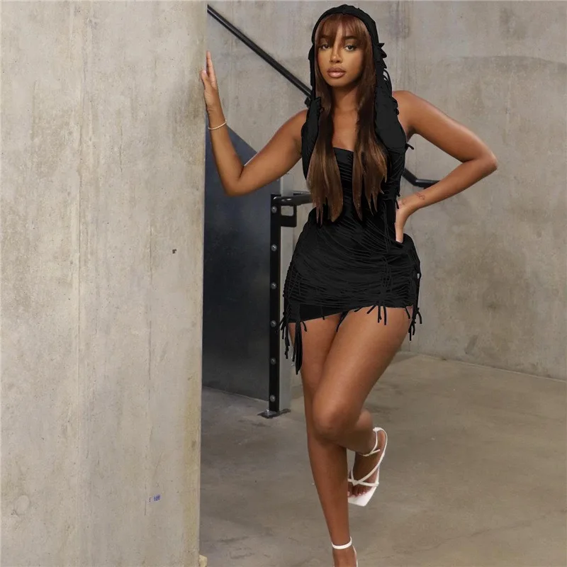 2023 Women Fashion Hooded Sleeveless Backless Tassel Sexy Slim Mini Dress Summer Casual Party Halloween Costume