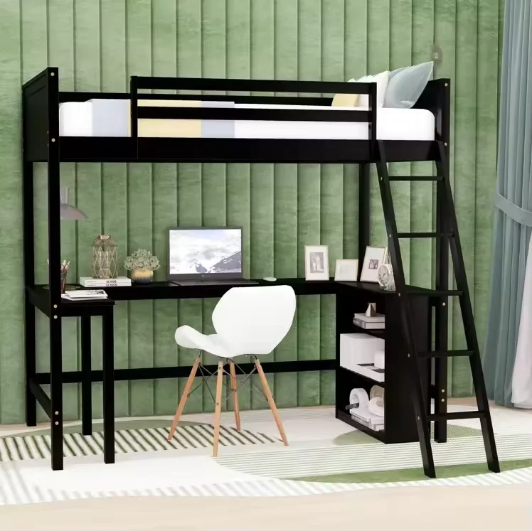 Twin Loft Bed with Built-in-Desk and Storage Side Cabinet Children Wooden Bunk Bed Kids Bunk Bed