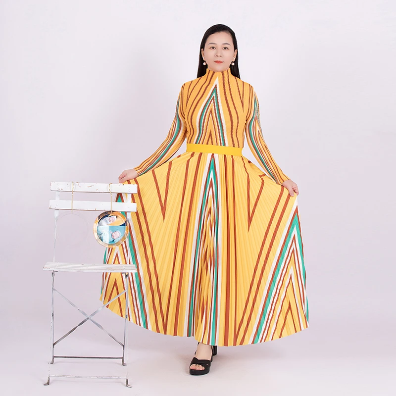 Плиссированная одежда Tianbao Miyake оптовая продажа осенняя Новинка полосатая плиссированная футболка с длинным рукавом свободная юбка