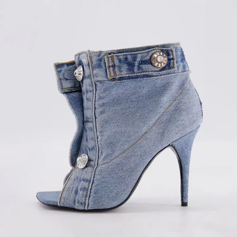 Summer Square Open Toe High-Heeled Short Boots Denim Ankle Boots Stiletto Sandals Buckles Jeans Women Shoes