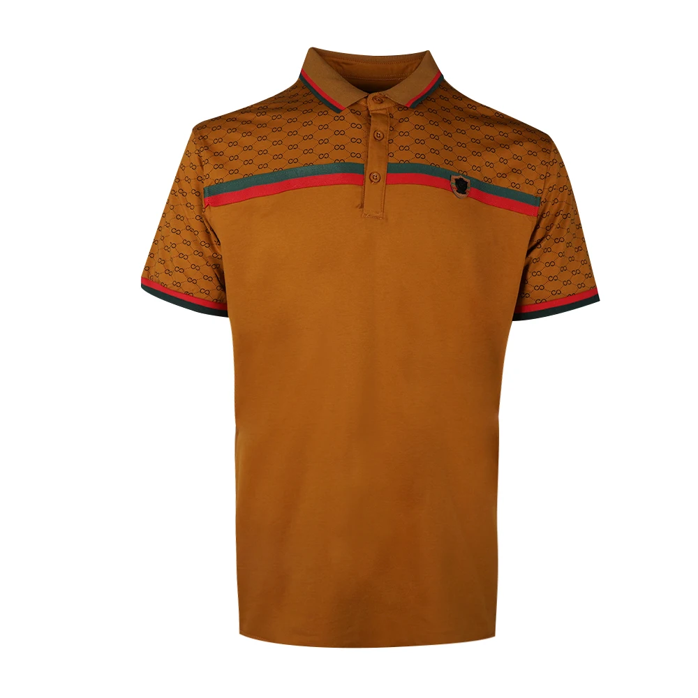 Trending cheap camel color knit striped t shirt golf polo t shirt with printing for men