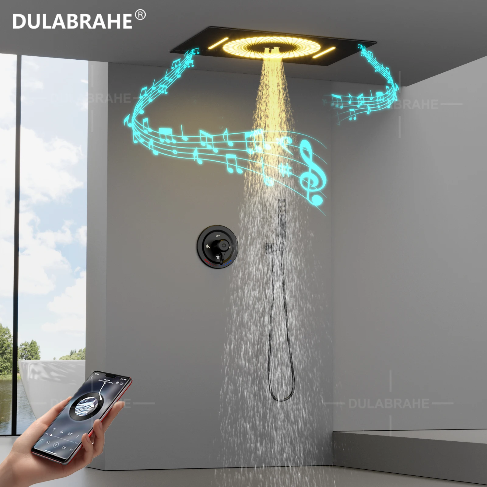 DULABRAHE 2024 новый роскошный 3 функции матовый черный смеситель для душа светодиодный холодный и горячий душ набор с музыкой