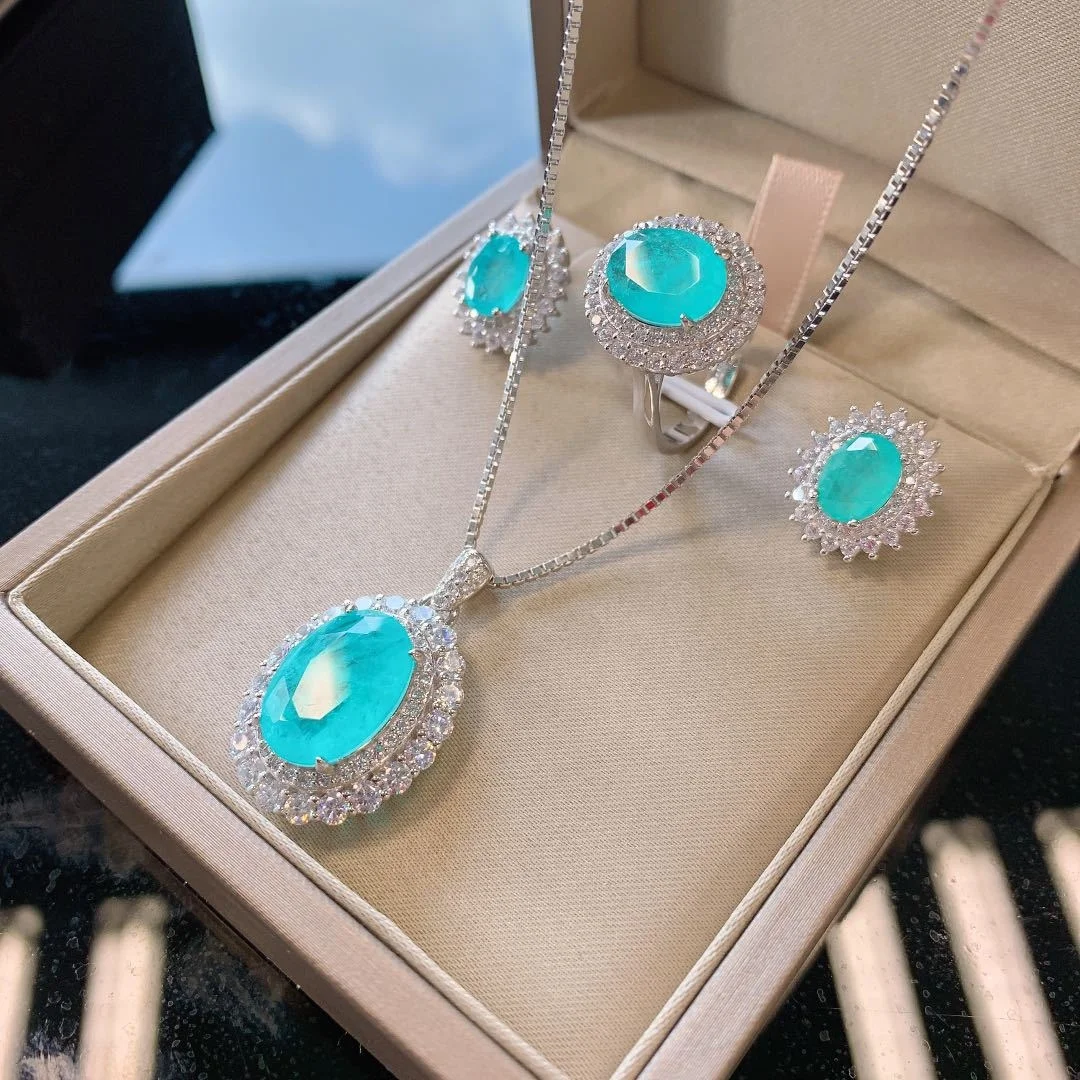 3pcs Fashion Hot Selling Mint green Cubic Zirconia Crystal Luxury S925 Sterling Silver Bride Wedding Jewelry Set For Women