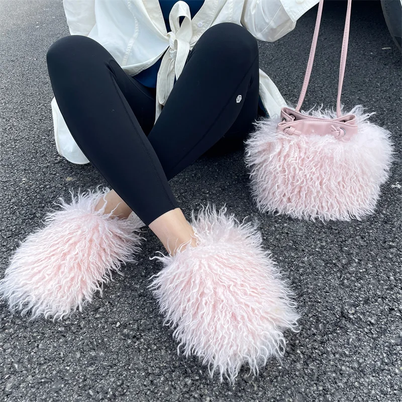 reindeer slides fluffy fur slip on closed toe gold chain flat fur for lady fashion fluffy with cotton fur inside