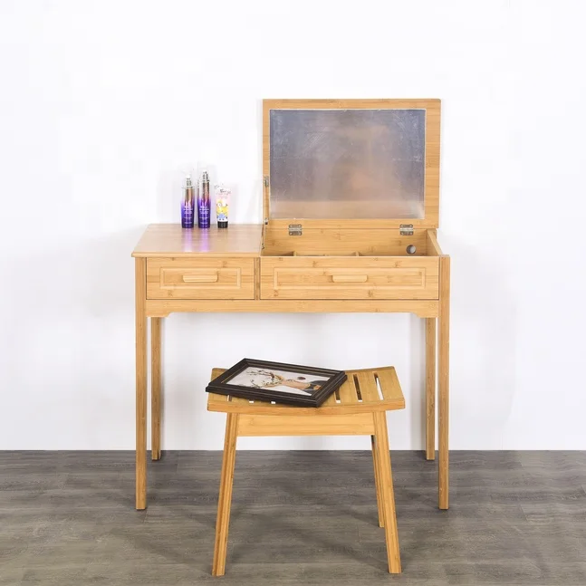 Bamboo Makeup Vanity Table Desk with Stool Flip-top Mirror 2 Drawers Deep Storage Alcove Girls Dressing Table Set for Bedroom