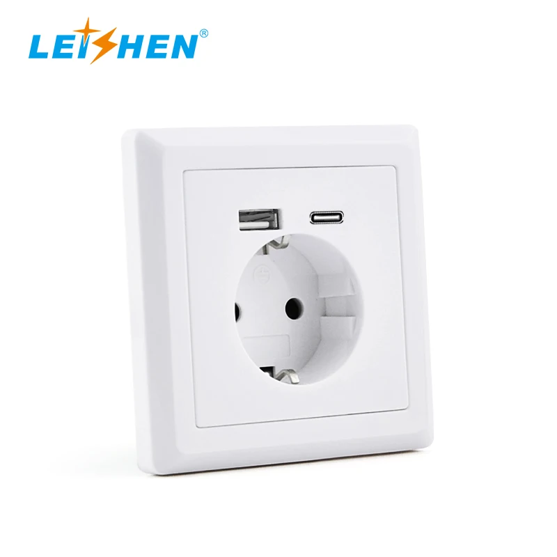 LEISHEN 86mm Style Wholesale 5V/3.4A 250V 16Amp Flush-Mounted Outlet Protective Contact Wall Schuko Socket With USB-C Charger