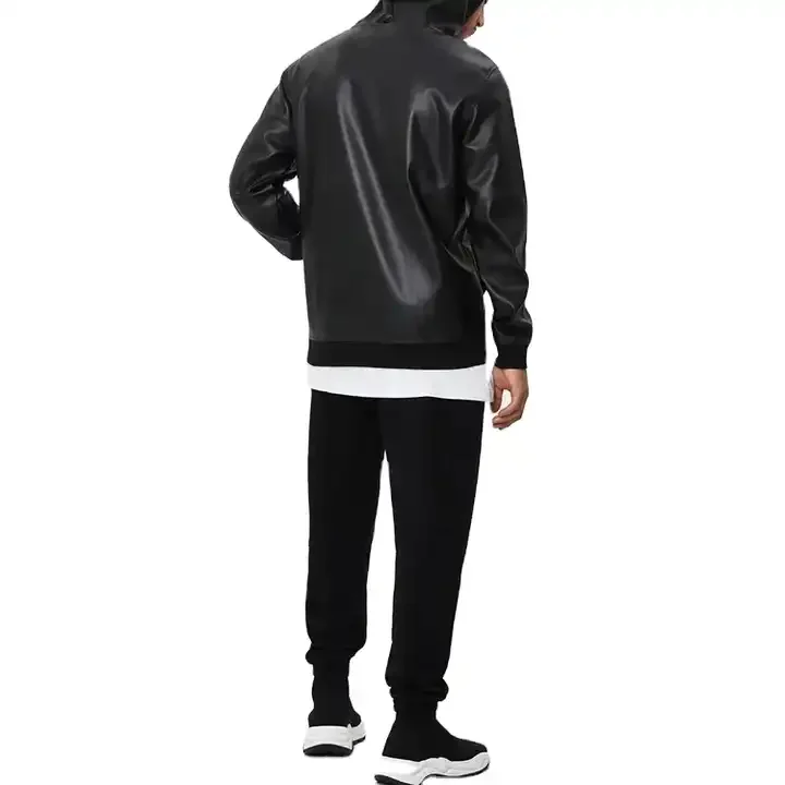 Custom Logo High Quality Mens Leather Jacket With Hoodie Fuax Pu Leather Blank Oversized Pullover Hoodies