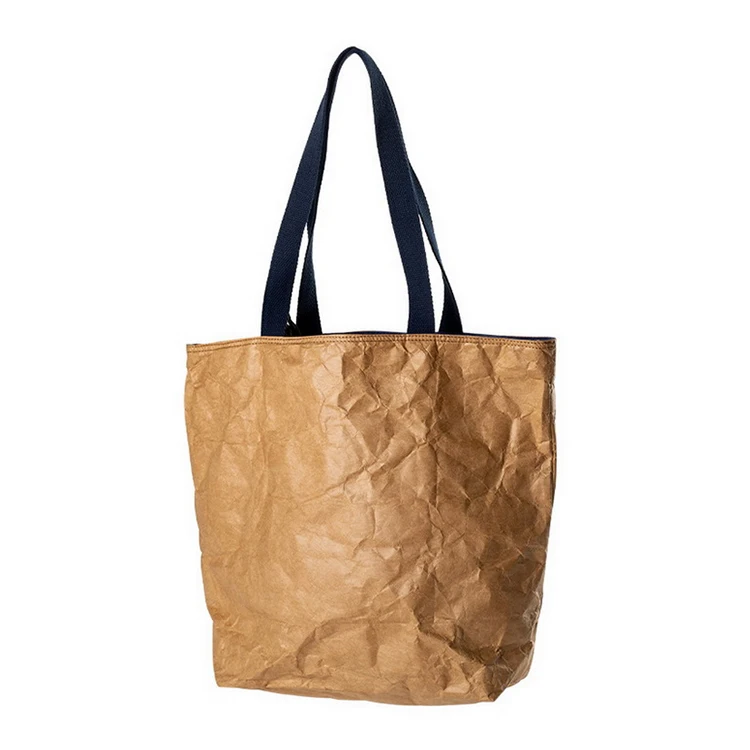 Custom low moq Washable Kraft Paper Shopping Bag Double Shoulder Handbag DuPont Paper Tote Bag