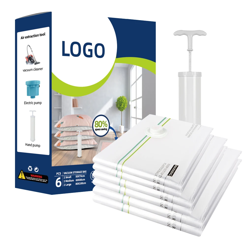 Vacuum Storage Bags 6Pack Reusable Space Saver Bags Vacuum Compression Zipper Storage Bags with Airtight Valve and Hand Pump6Set