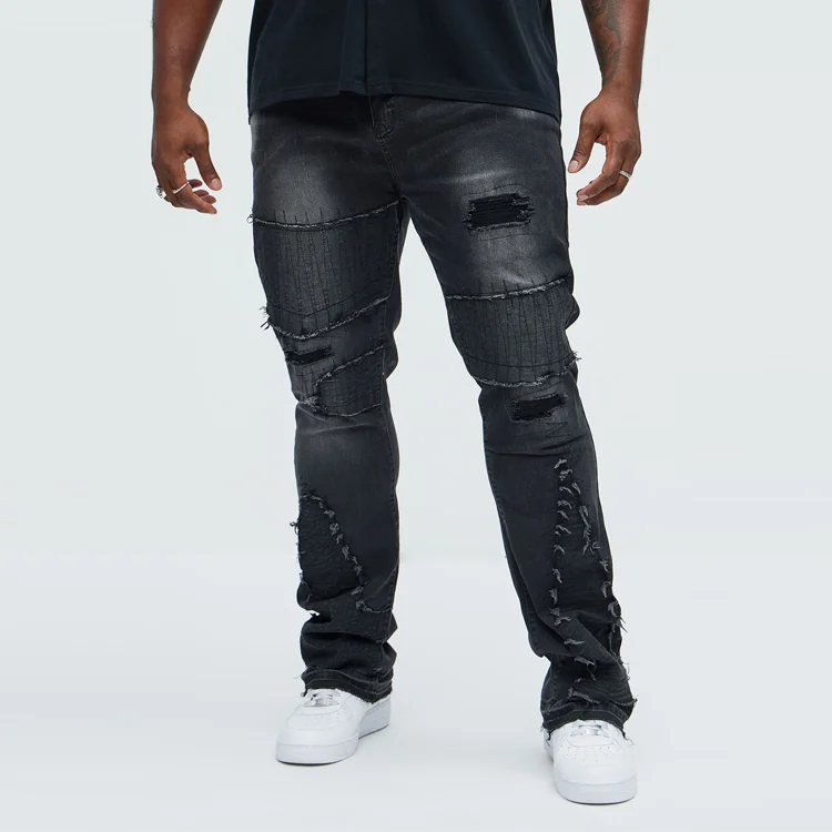 Custom High Quality Slim Flare Jeans Men Stretch Ripped And Repair Wash Straight Hip Hop High Street  Denim Pants