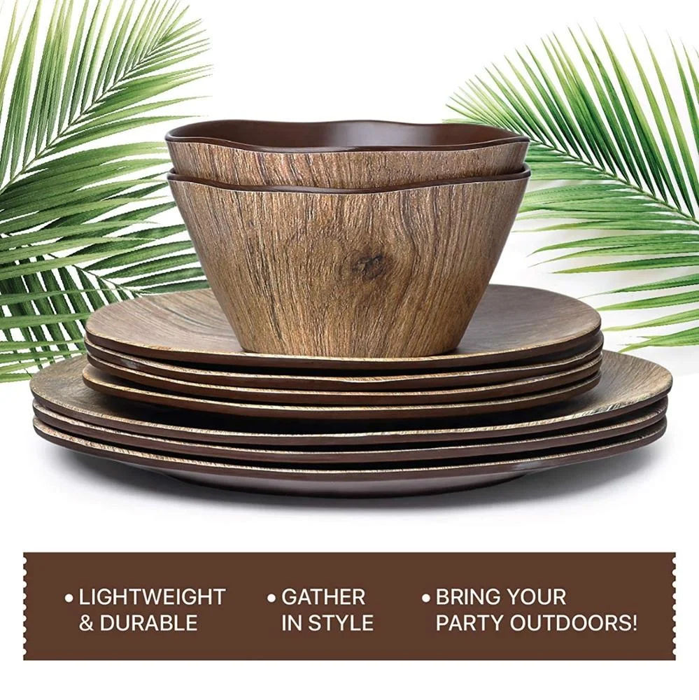 
Best sell 12 pc set wood grain dinnerware high quality melamine tableware eco-friendly and durable kitchenware 