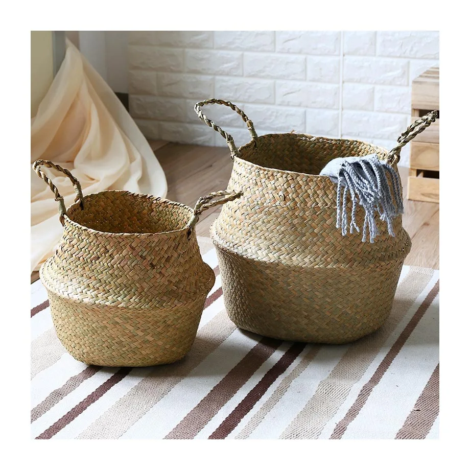 Huangtu Wholesale Seagrass Belly Basket Flower Plants Pots Decors Laundry Hanging Storage Basket Handmade