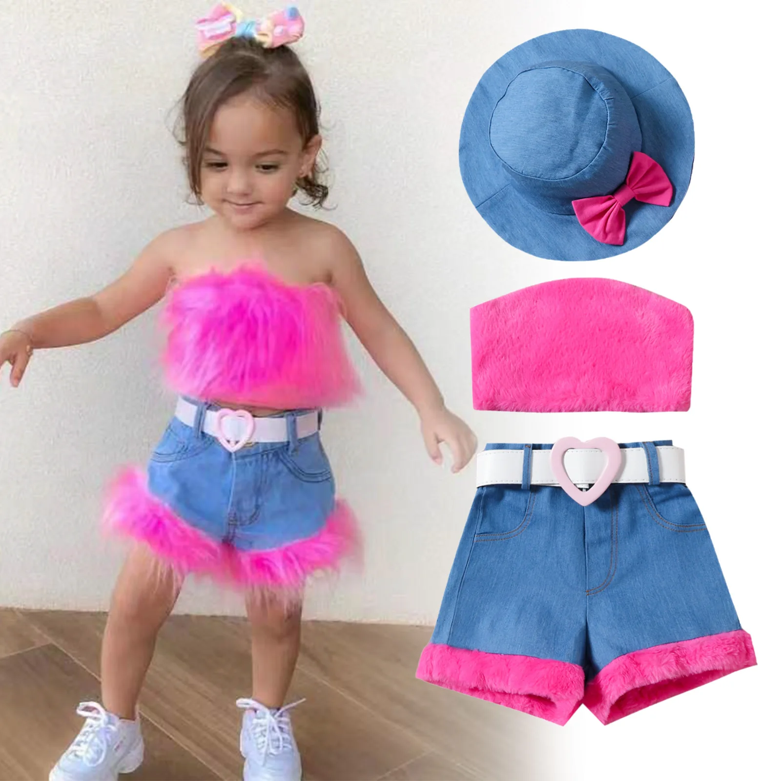 fashionable summer new tube top off-shoulder vest top denim stitching plush shorts suit