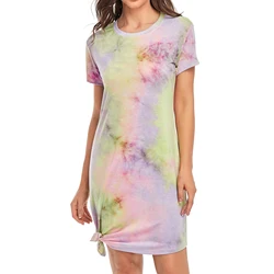 Factory Wholesale Asymmetric Hem Shorts Sleeve Tie Dye Midi Dress Casual Dresses Women Summer OEM Designs Print Knitted 7 Days