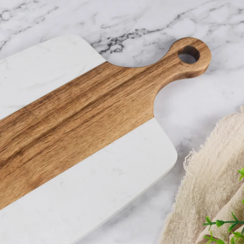 Wholesale Price Marble and Acacia Wooden Cheese Serving Board Charcuterie Platter with Handle for Wine Crackers Brie and Meat