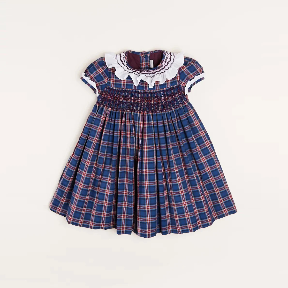 Custom Hand Smocked Embroidery Short Sleeve Plaid Dresses For Kids Navy Ruffled Collar Cotton Polyester Girls Boutique Dress