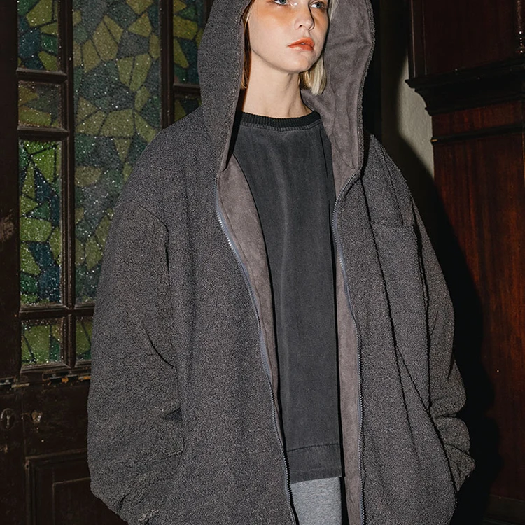 GRKC latest design reversible gray hooded oversized waterproof jackets suede and sherpa stitching winter coats