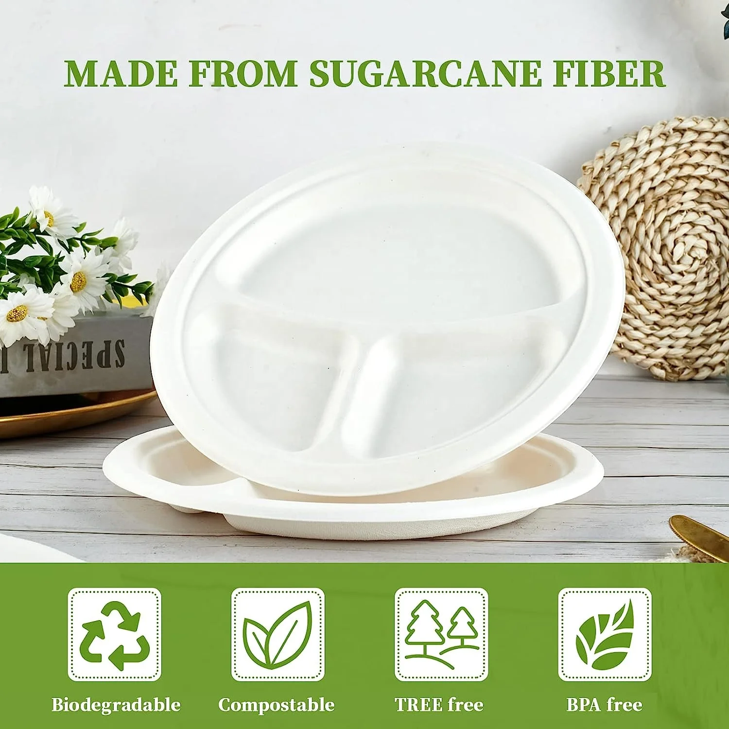 50 Pack 10 Inch 3 Compartment Compostable Tableware Sugarcane Plate Disposable Paper Plates Bio Degradable Sugarcane Bagasse Pla