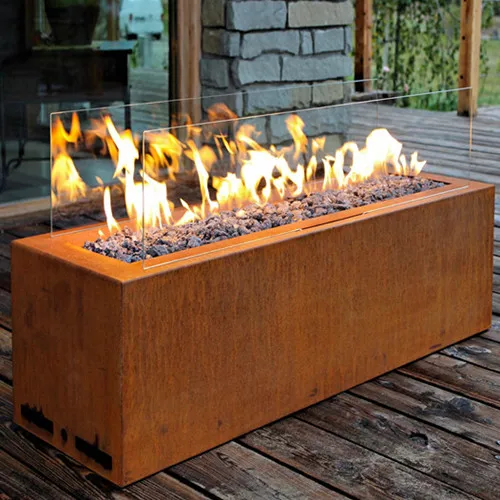 Anti-Corrosion Weathering Corten Steel Gas Firepit With Glass