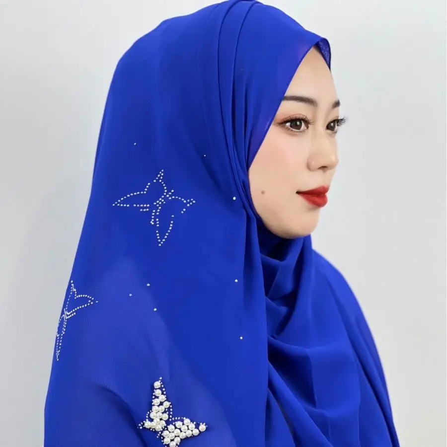 Hot seller Versatile fashion exquisite monochrome chiffon butterfly beaded pattern ladies shawl Malay Muslim hijab headscarf