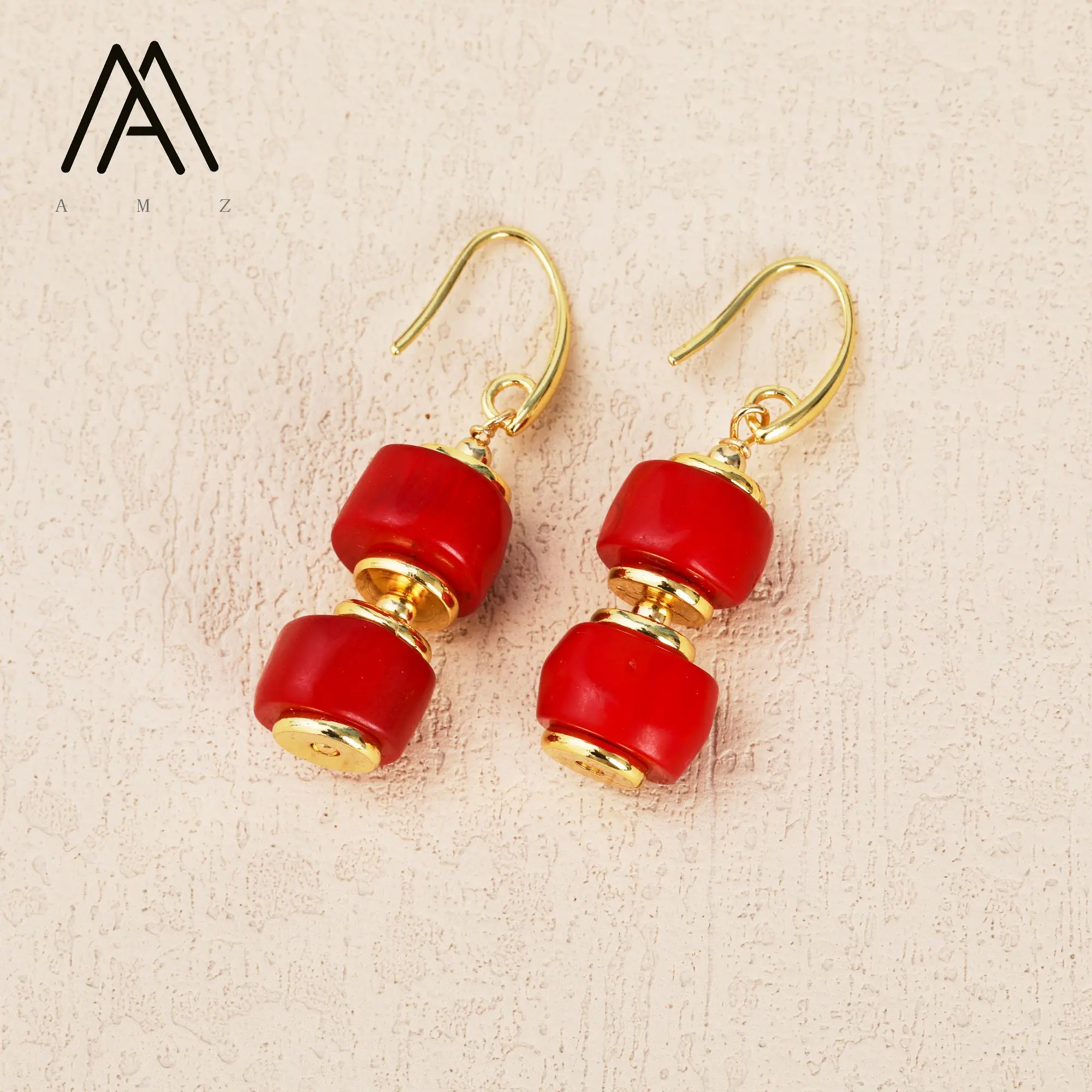 Natural Red Coral Drop Earrings for Women Fashionable Vintage Design with Gold Plating for Parties