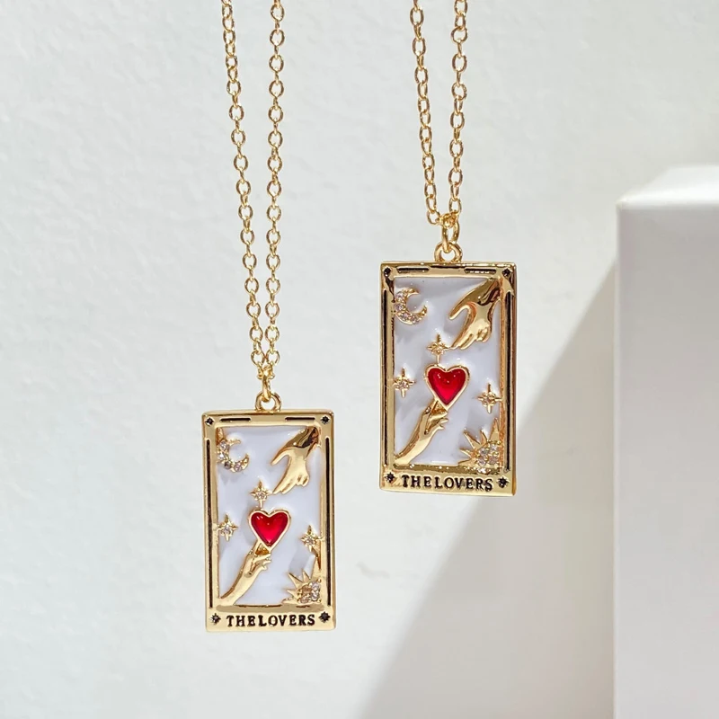 Colorful Square Mystic Divination Tarot Card Necklace Star Moon Sun Design Enamel Micro Zircon Tarot Amulet Pendant Necklaces