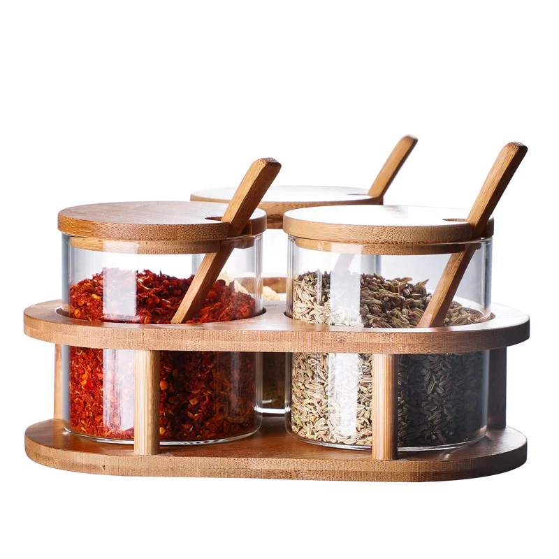Bamboo Kitchen Utensils Creative Herb Spice Tools Glass Condiment Container Bamboo Lid Spoon Spice Jar Set