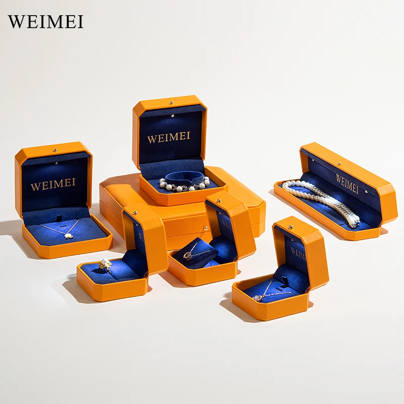 WEIMEI Jewelry Box Factory Luxury octagonal orange pu leather package custom ring earring diamond light jewelry box with light