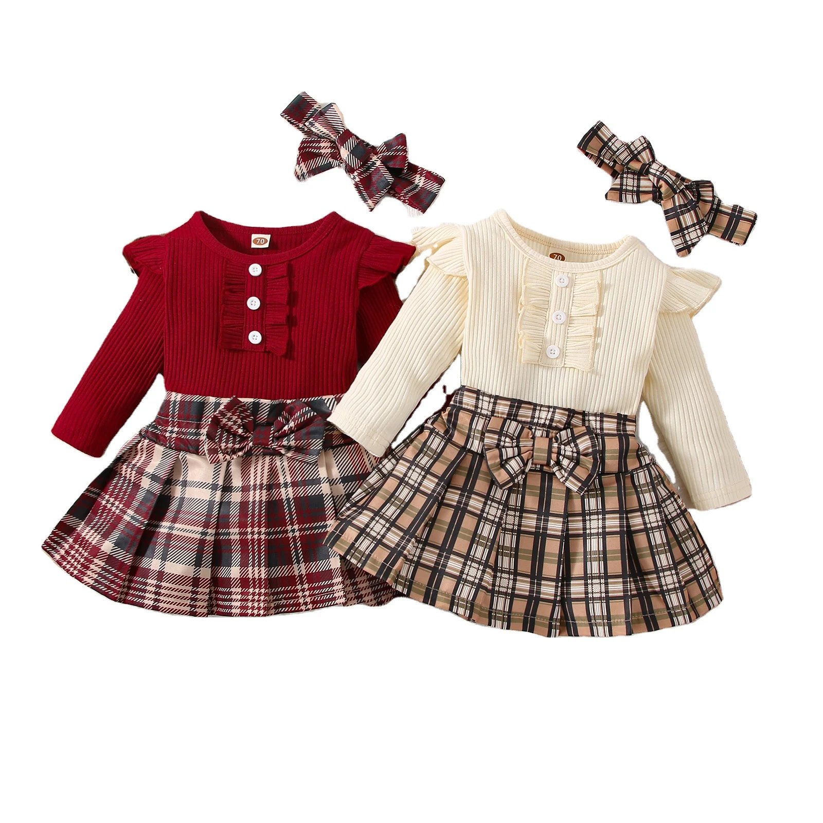 2022 Spring Wholesale Baby 3Pcs Outfits Solid Color Fly Long Sleeve Toddler Jumpsuit Plaid Skirt Infant Clothing Suits