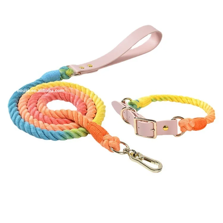 Macrame Hand Woven Pet Dog Collar and Leash Set Adjustable with Leather Adapter Handmade