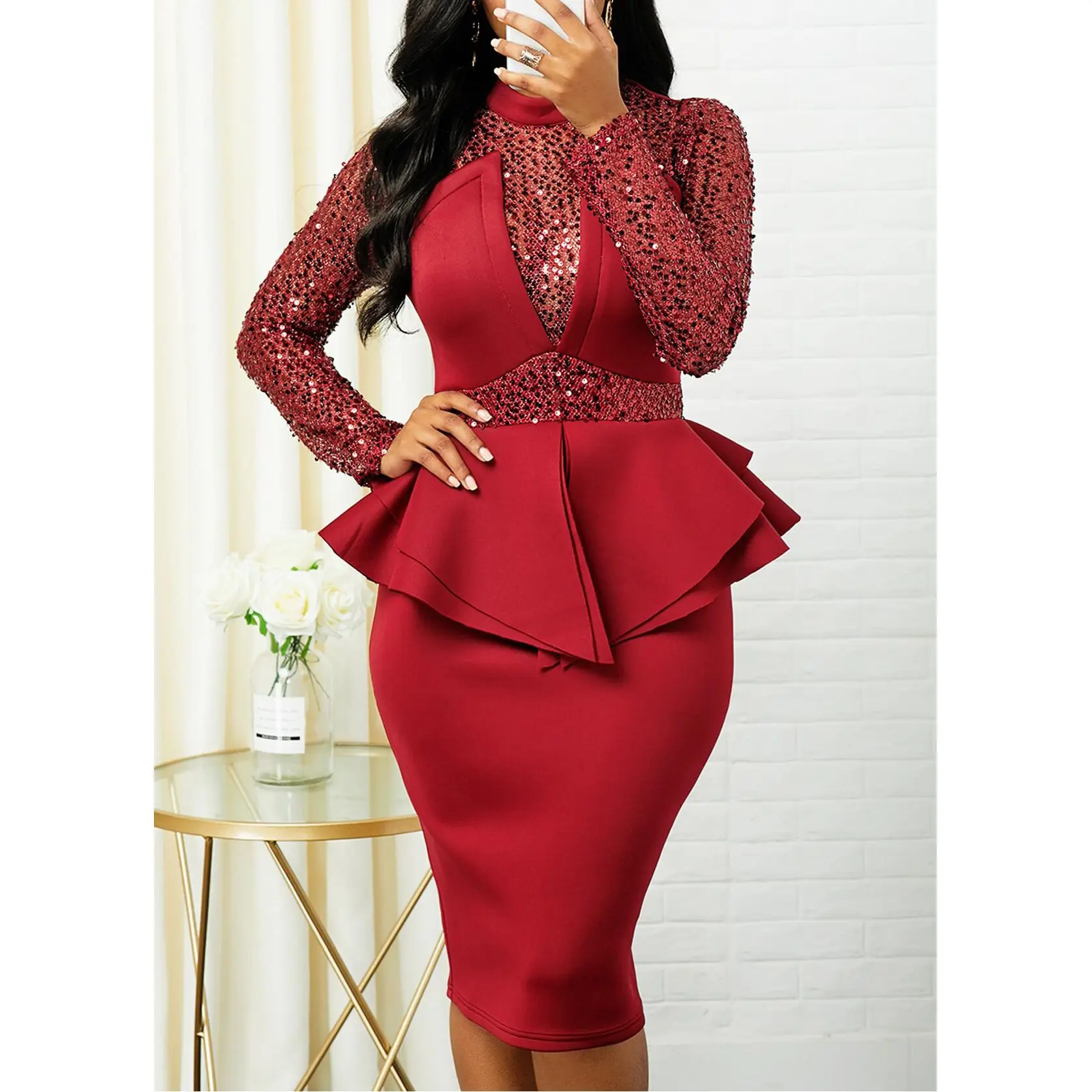 
Women spring and Autumn lady office dress work casual wear bling slim fit a line dress plus size evening dress 