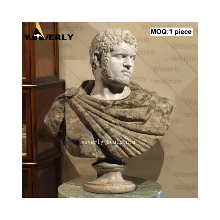 Classical Art Ancient Roman Emperor Natural Stone Statue Hand Carved Indoor Home Decor Marble Caracalla Emperor Bust Sculpture