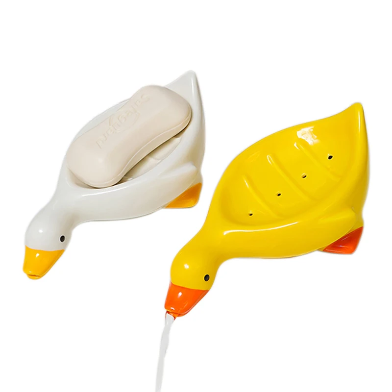 Cute Duck Shape Ceramic Tray Holder Soap Dish Self Draining Soap Holder for Shower Bathroom Tub Kitchen Sink