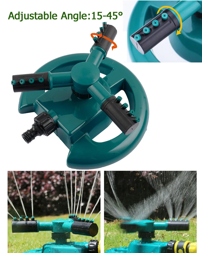 3 Nozzles Lawn Sprinklers 360°Automatic Rotating Water Sprinkler System Garden Sprinkler Adjustable