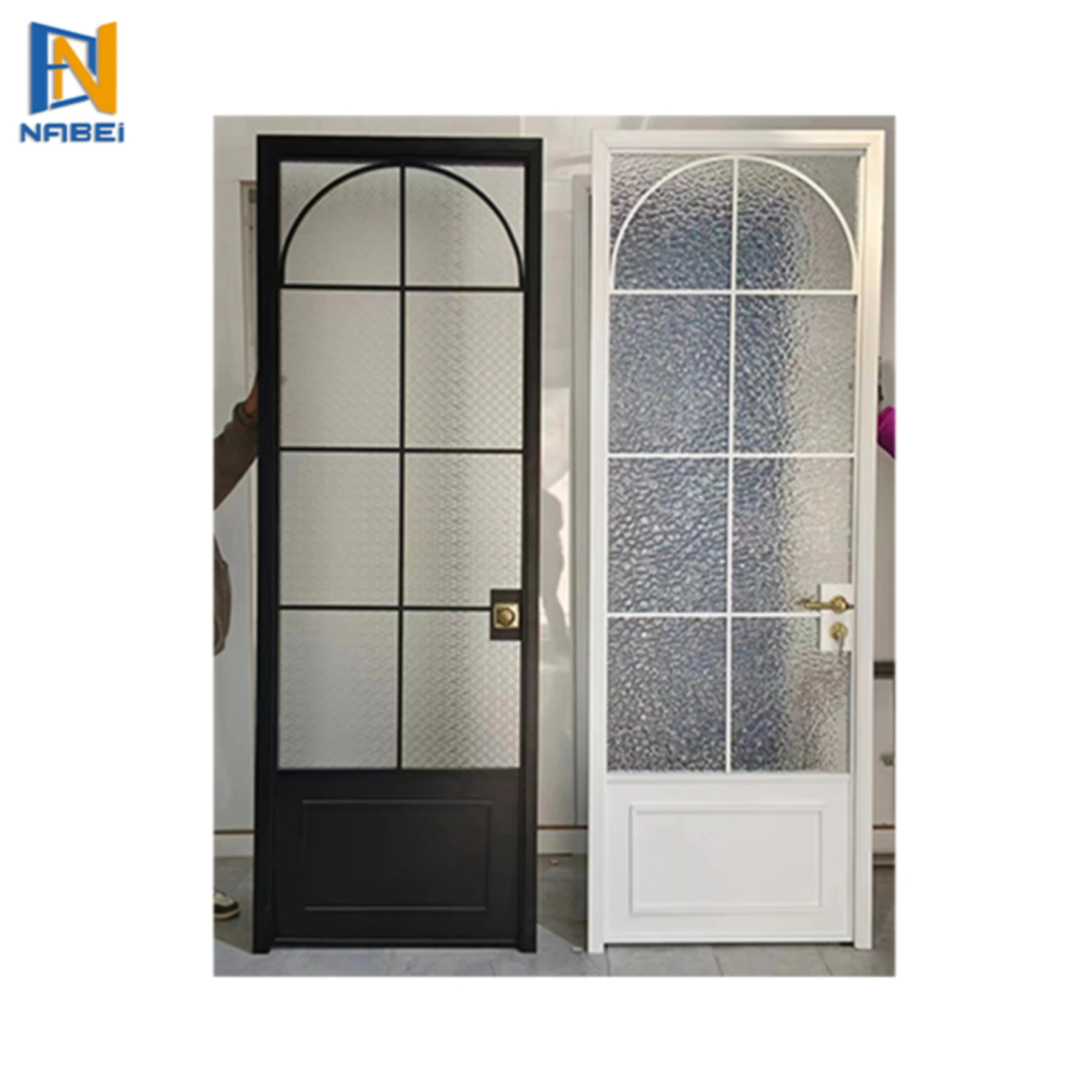 Modern Black Metal Frame Interior Decoration Steel French Glass Swing Door with Privacy Lock