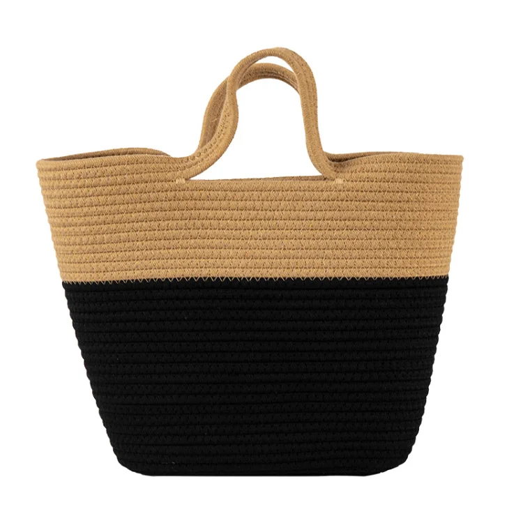 Wholesale reusable woven grocery bags Summer beach bag large canvas tote bag with ribbon