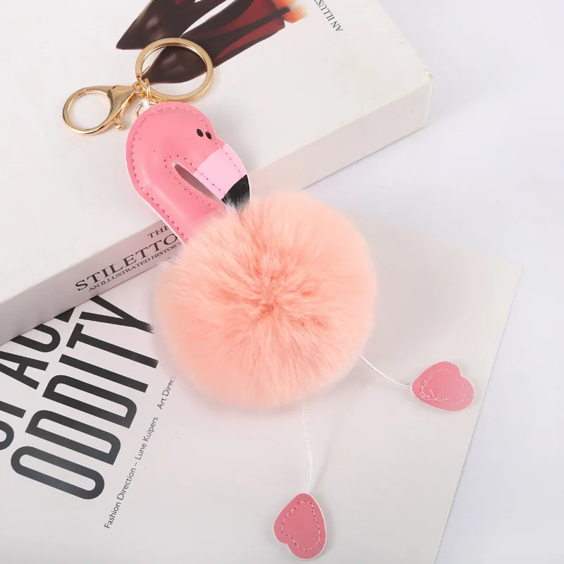 Wholesale Pom ball PU Leather Animal Flamingo Keychain Fur Ball Furry Puff Ball Keychain Hanged Accessory