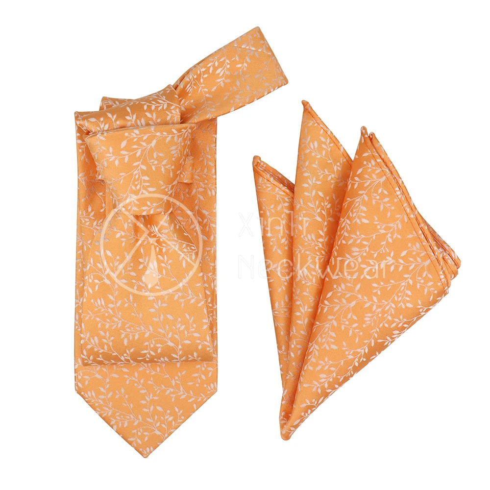 Formal Design Custom Floral Pattern Polyester Woven Jacquard Mens Orange Tie and Pocket Square Set