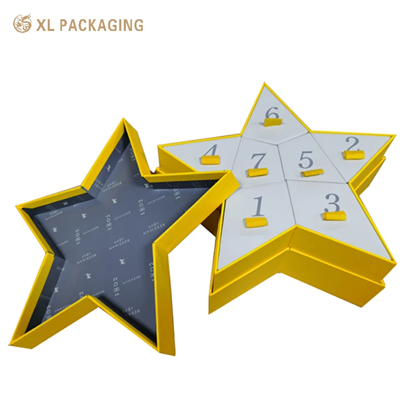 Luxury lid base packaging Christmas advent calendar 1200gsm cardboard box star type small box with ribbon insert gift box