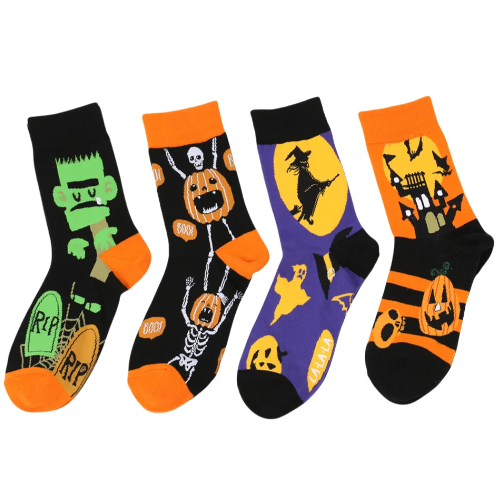 Low MOQ Custom Logo socks Funny Novelty Multi Colorful Pattern Cotton socks Fancy skeleton Halloween Crew Socks