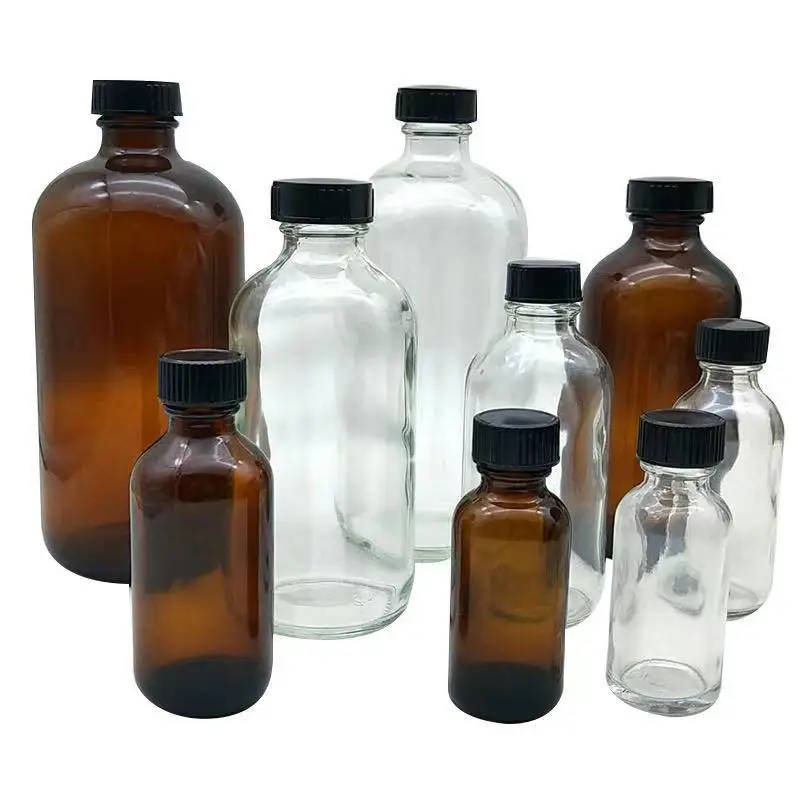 Simple Clear Amber Blue Glass Bottle For Syrup Screw Finish Wide Mouth Boston Round GPI Standard Finish Buston Bottle Glass 16oz