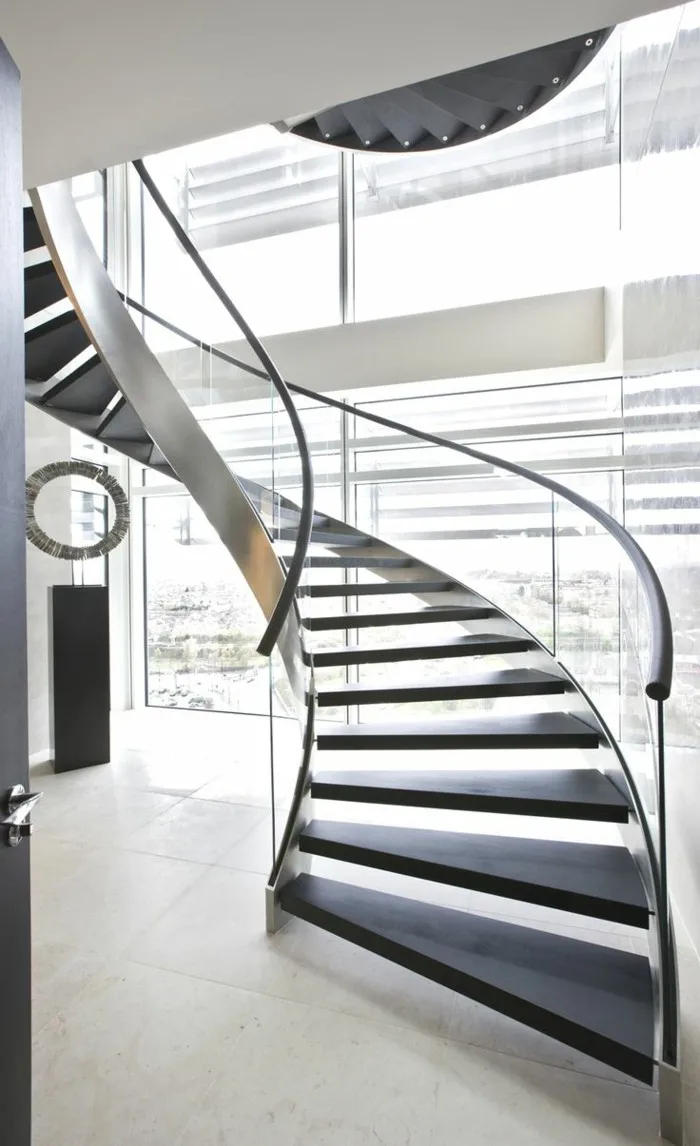 PRIMA Contemporary Curved Staircase Tempered Glass Steps Stainless Steel Frame Semi Circle Stairs