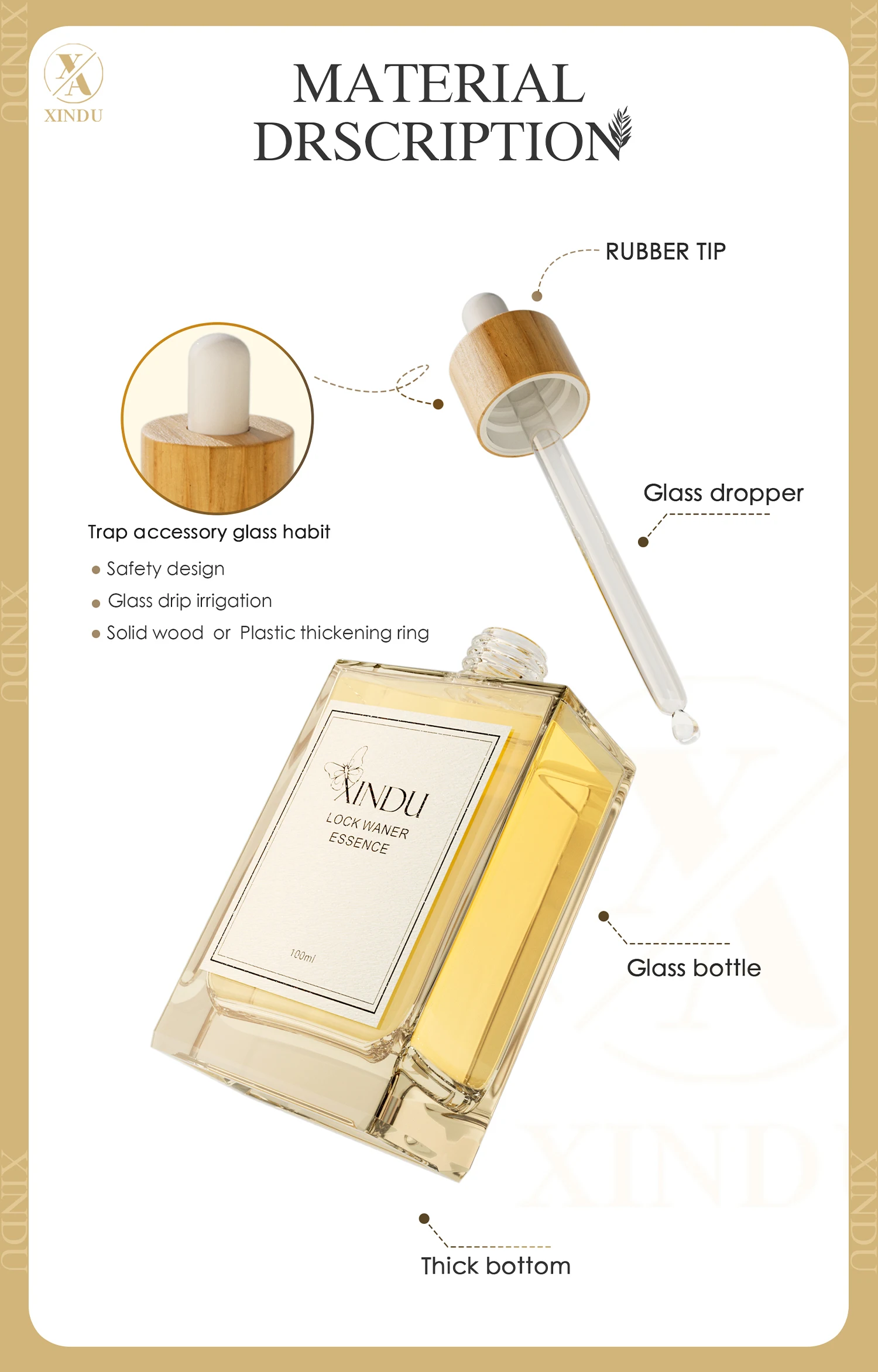 Square 30ml 50ml 100ml Essential Oil Rectangle Glass Dropper Bottles with Pipette dropper Cap for for Cosmetic Container